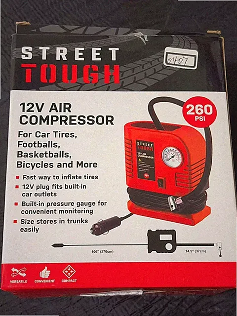 AIR COMPRESSOR, 12 V Air Compressor, For tires basketballs bicycles 260 PSI#0407