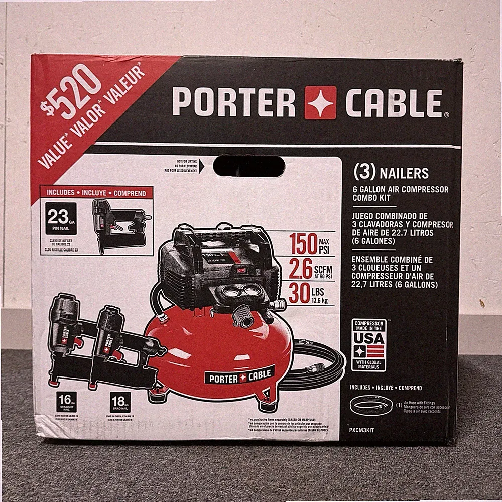 PORTER-CABLE 6 Gal. Electric Air Compressor 3 Piece Nailer 16 + 18 + 23 Gauge